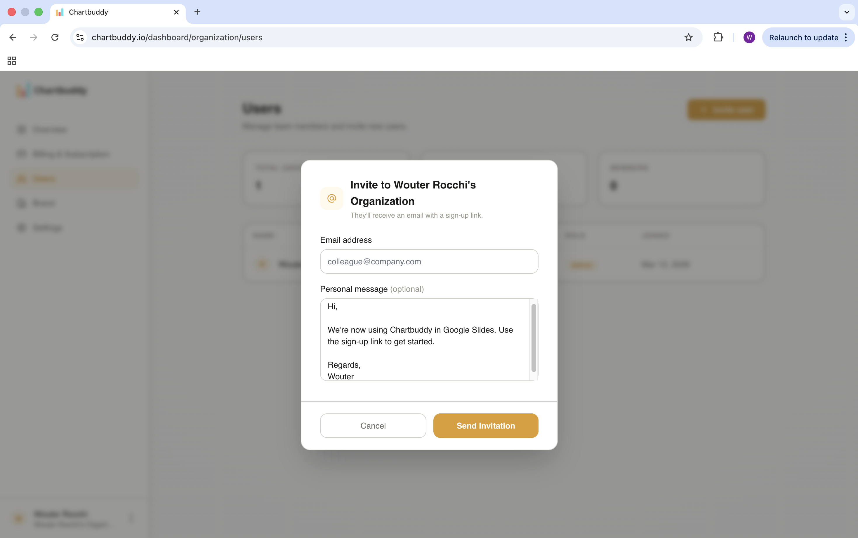 Invite dialog with email field